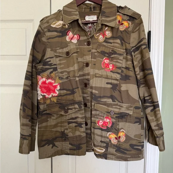 Johnny Was Olive Camouflage Jacket with Red Floral Accents - Picture 2 of 6